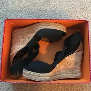 Tory Burch peep toe criss cross strap cork wedges